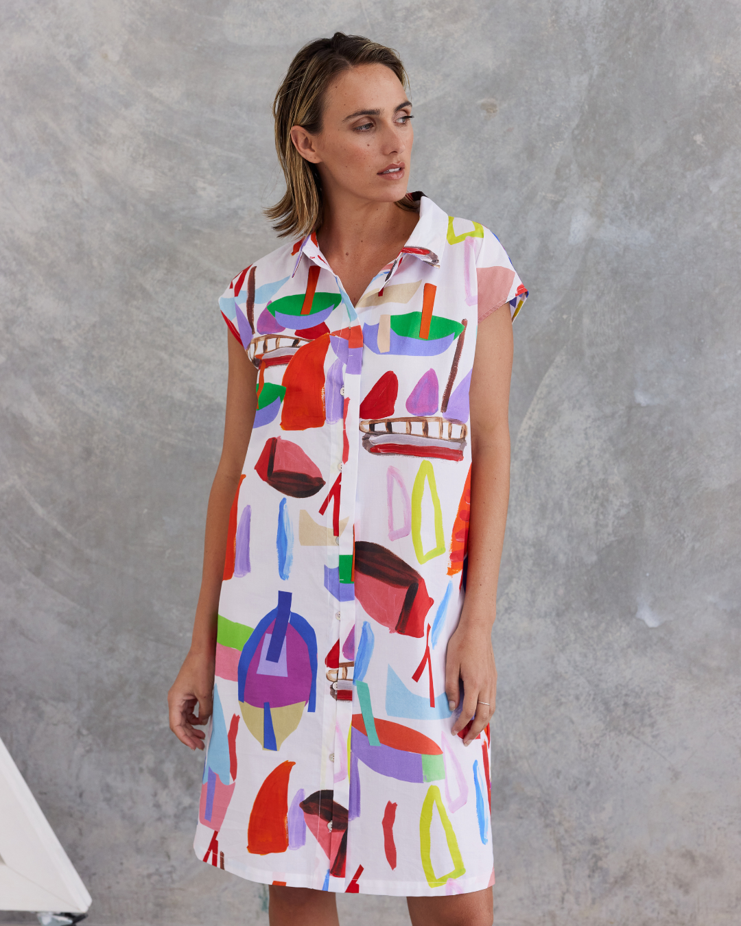 Wear Colour - 100% Cotton Extended Sleeve Button Through Dress - Sailboat Print W59