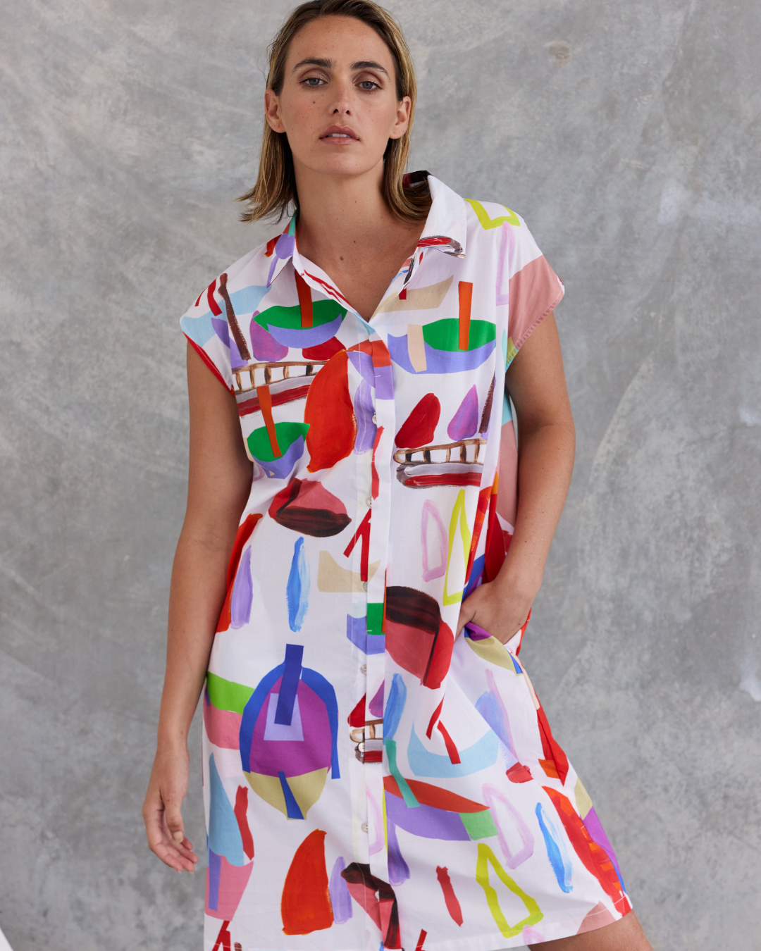 Wear Colour - 100% Cotton Extended Sleeve Button Through Dress - Sailboat Print W59
