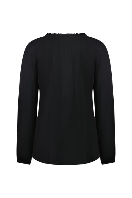 Vassalli - Plain V Neck Top with Front Frill and Neck Ties 4404 Black