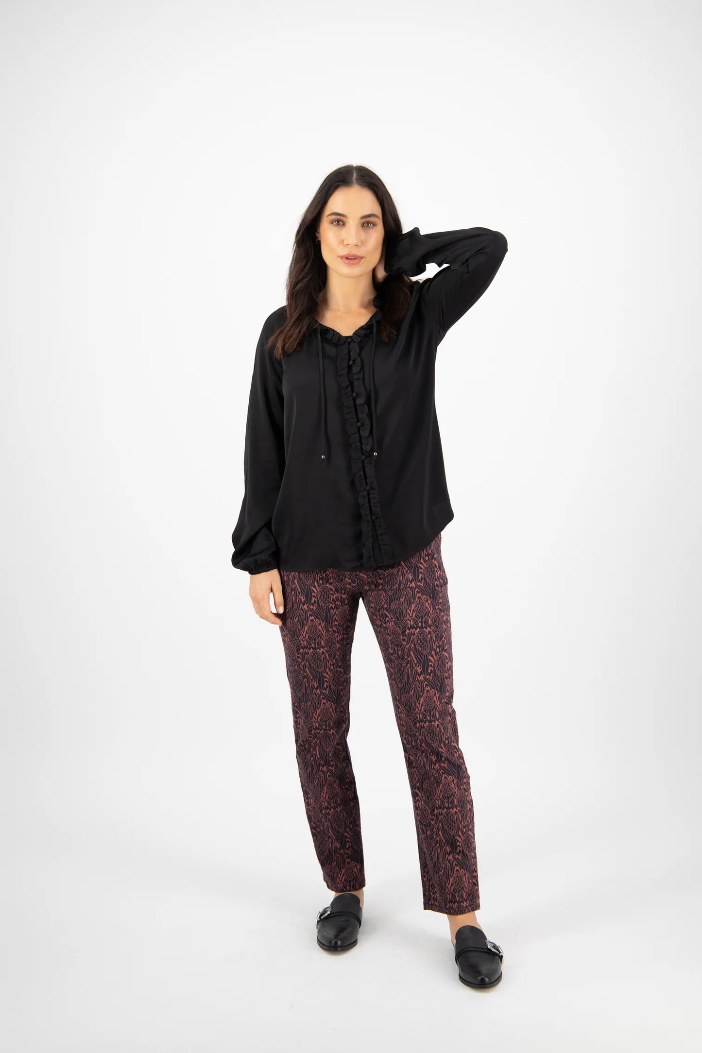 Vassalli - Plain V Neck Top with Front Frill and Neck Ties 4404 Black