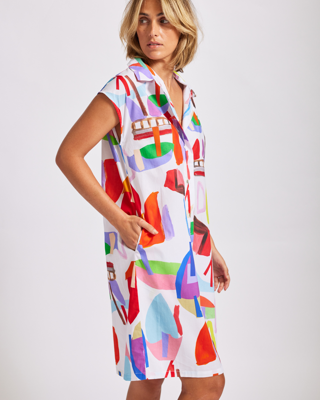 Wear Colour - 100% Cotton Extended Sleeve Button Through Dress - Sailboat Print W59