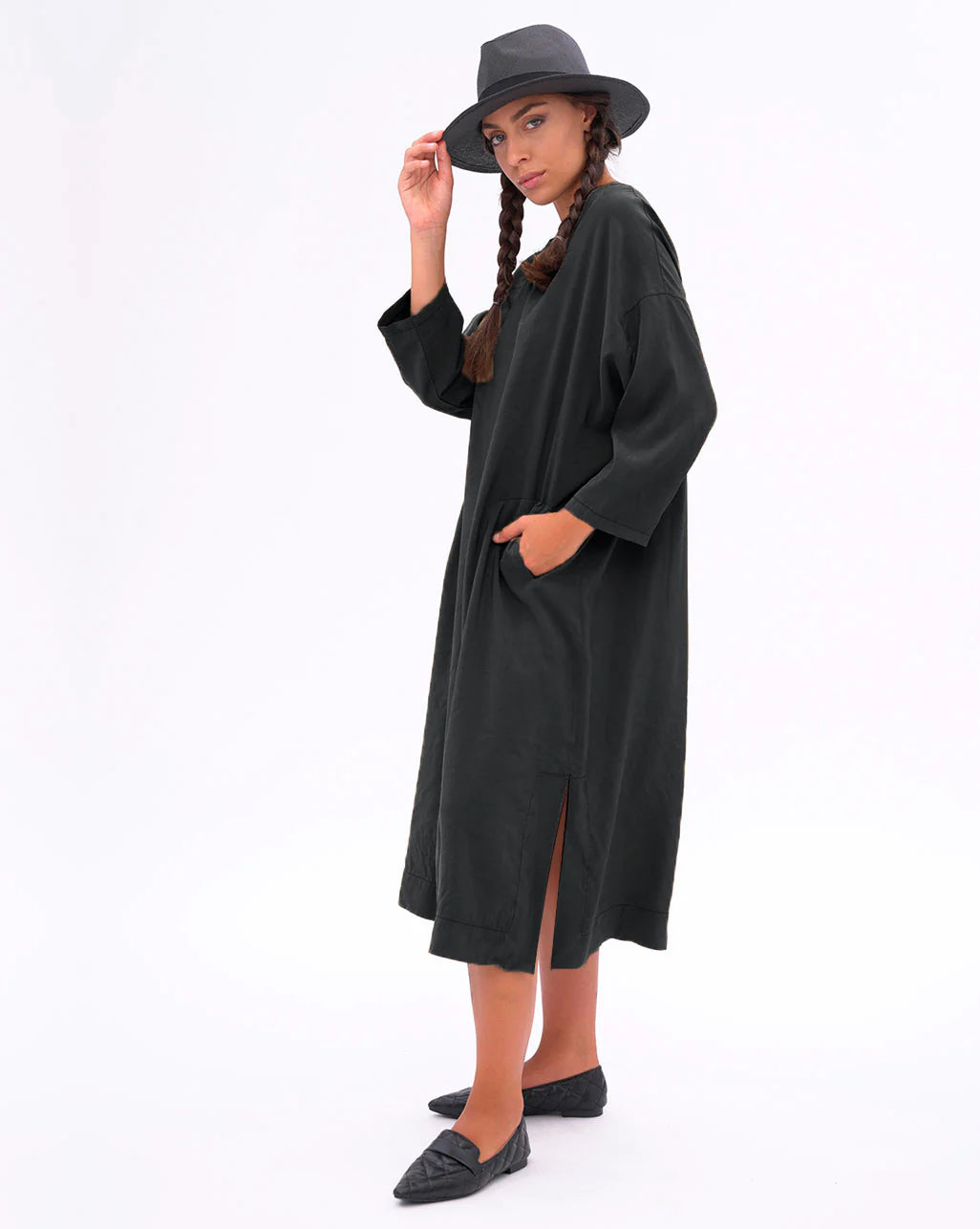 Baci Amici Italy - 3/4 Sleeve Boat Neck Dress Black | A01830