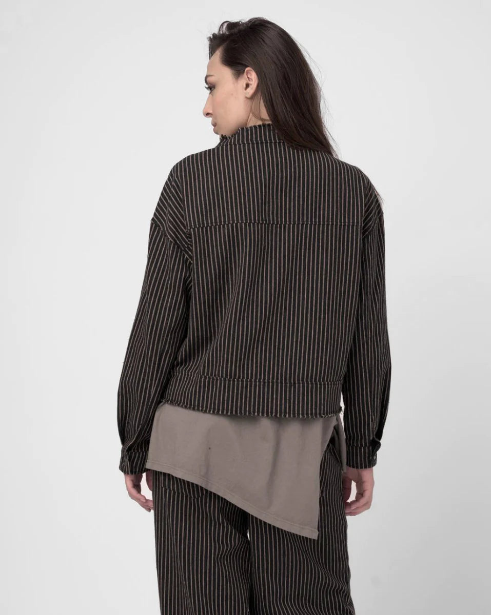 Baci - Cropped Band Collar Striped Jacket Black Stripe - 306119BLKSTRXS