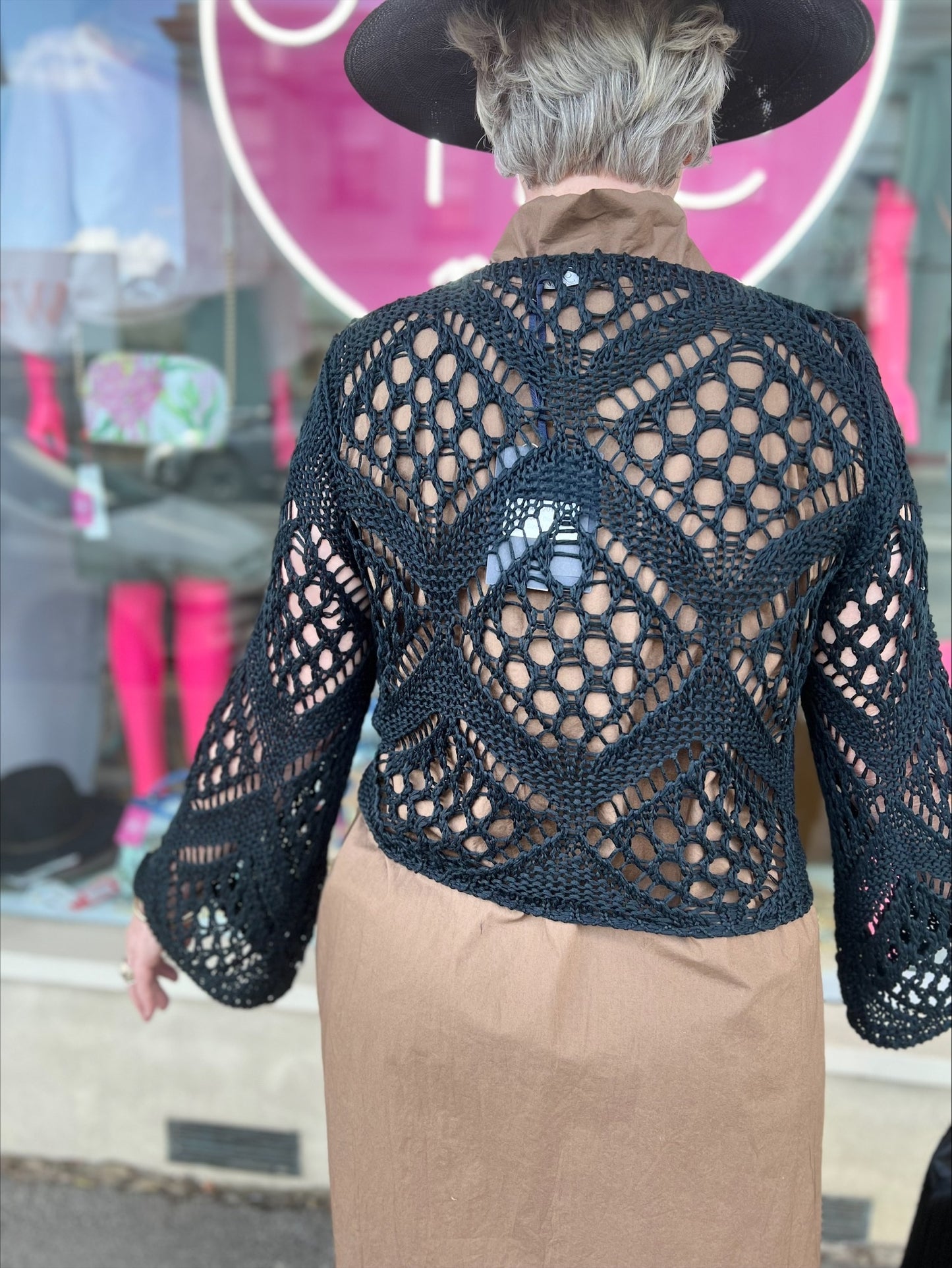 Baci - Handmade Fishnet Tie-Waist Cardigan in Black | 7201799