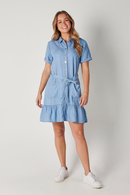 The Laboratory - The Waist Ruffle Dress in Chambray Blue | 1023673