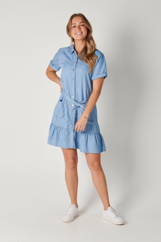 The Laboratory - The Waist Ruffle Dress in Chambray Blue | 1023673