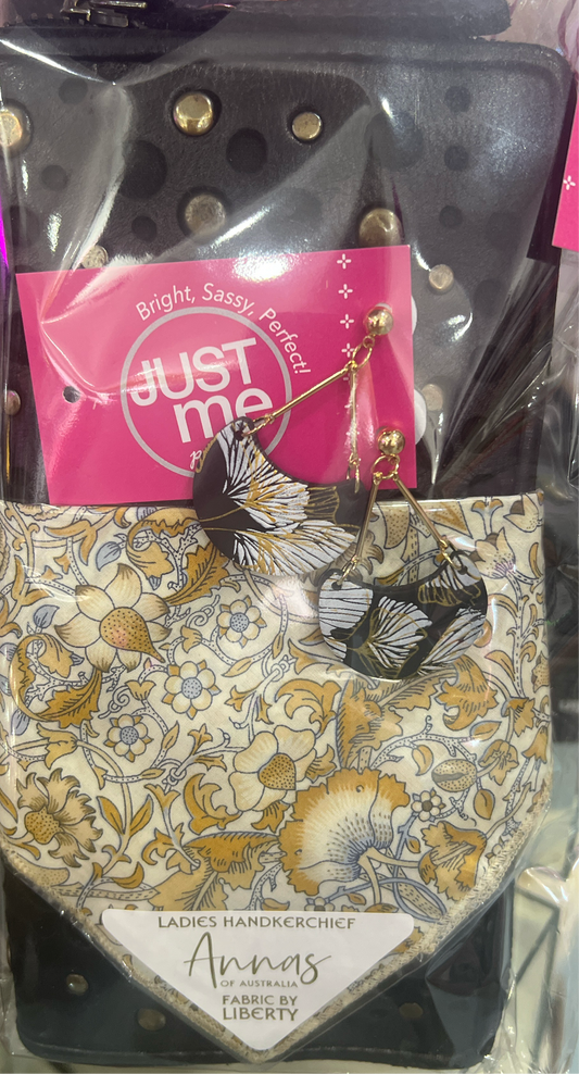 Just Me Patsy - Leather Wallet RFID - Liberty of London Handkerchief & Earrings Gift Pack