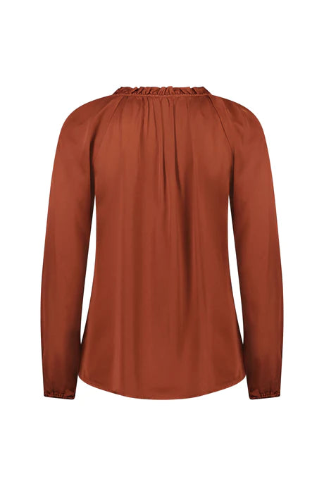 Vassalli - Plain V Neck Top with Front Frill and Neck Ties 4404 Fox