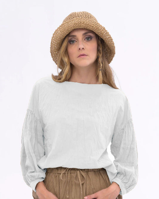 AMICI by Baci - Boat Neck Pleated Crinkled Blouse - White | C06630