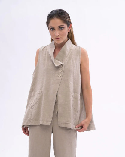 AMICI by Baci - Asysemtrical Button Up Linen Vest Sand | 301219