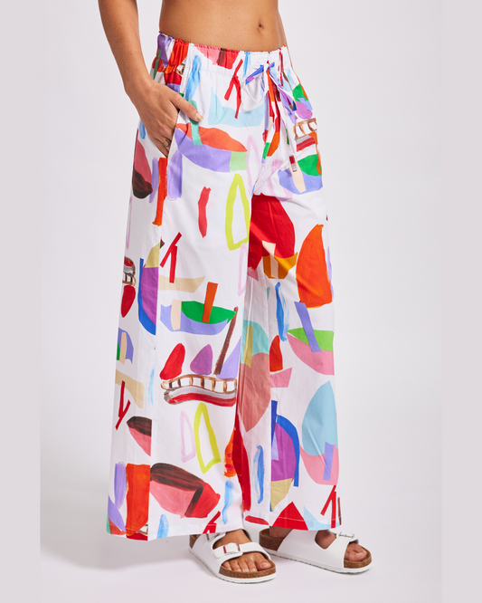 Wear Colour - 100% Cotton Wide Leg Drawstring Pants in Sailboat Print - W32