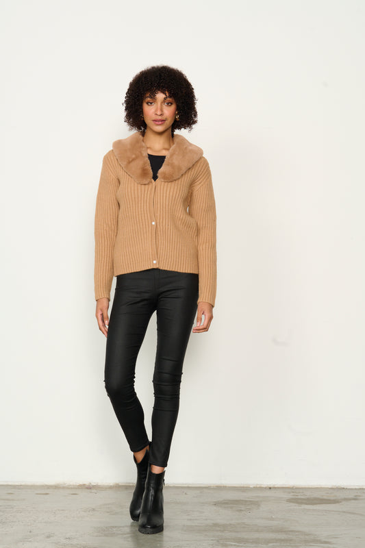 Caju - Cardi Rib Knit W Faux Fur Collar in Tan - CZ755