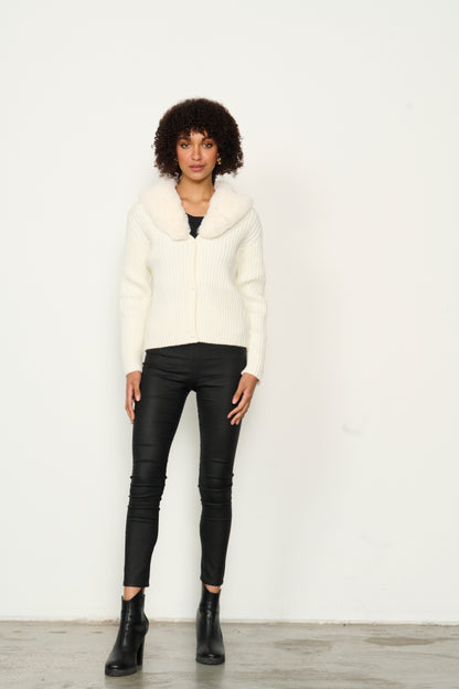 Caju - Cardi Rib Knit W Faux Fur Collar in Ivory - CZ755