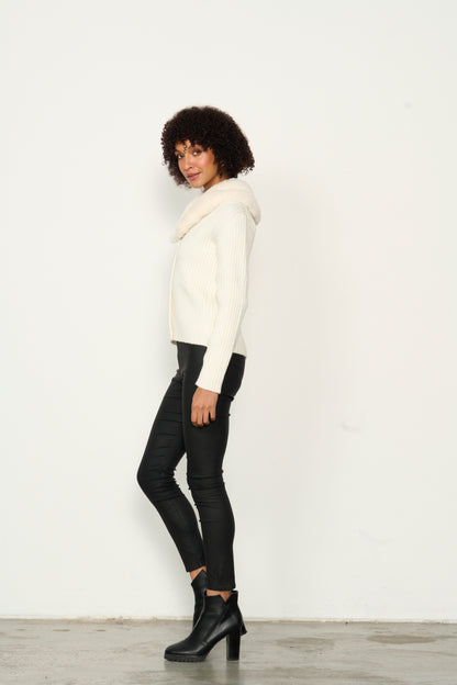 Caju - Cardi Rib Knit W Faux Fur Collar in Ivory - CZ755