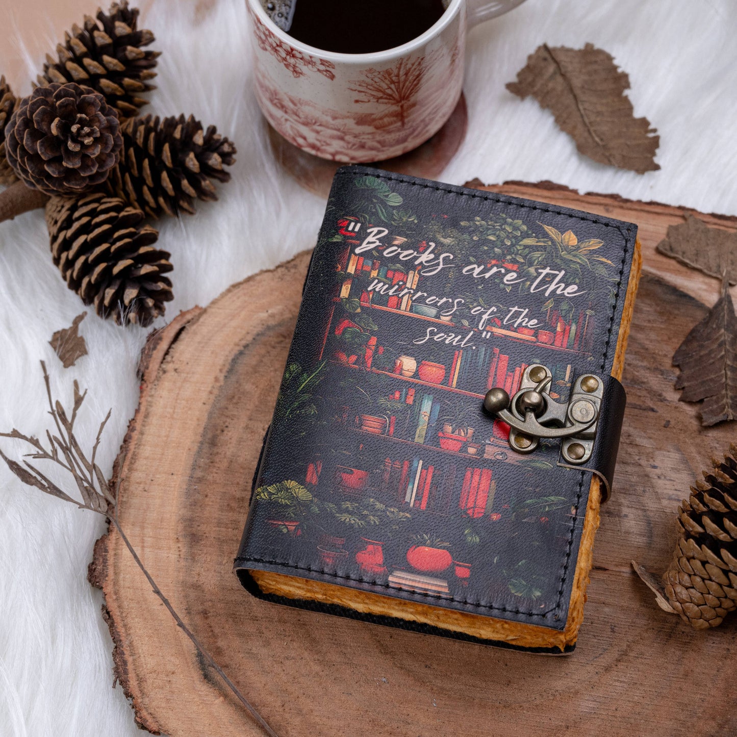 Leather Journal Notebook with Book Lover Print Quote - Books are the mirrors of the soul