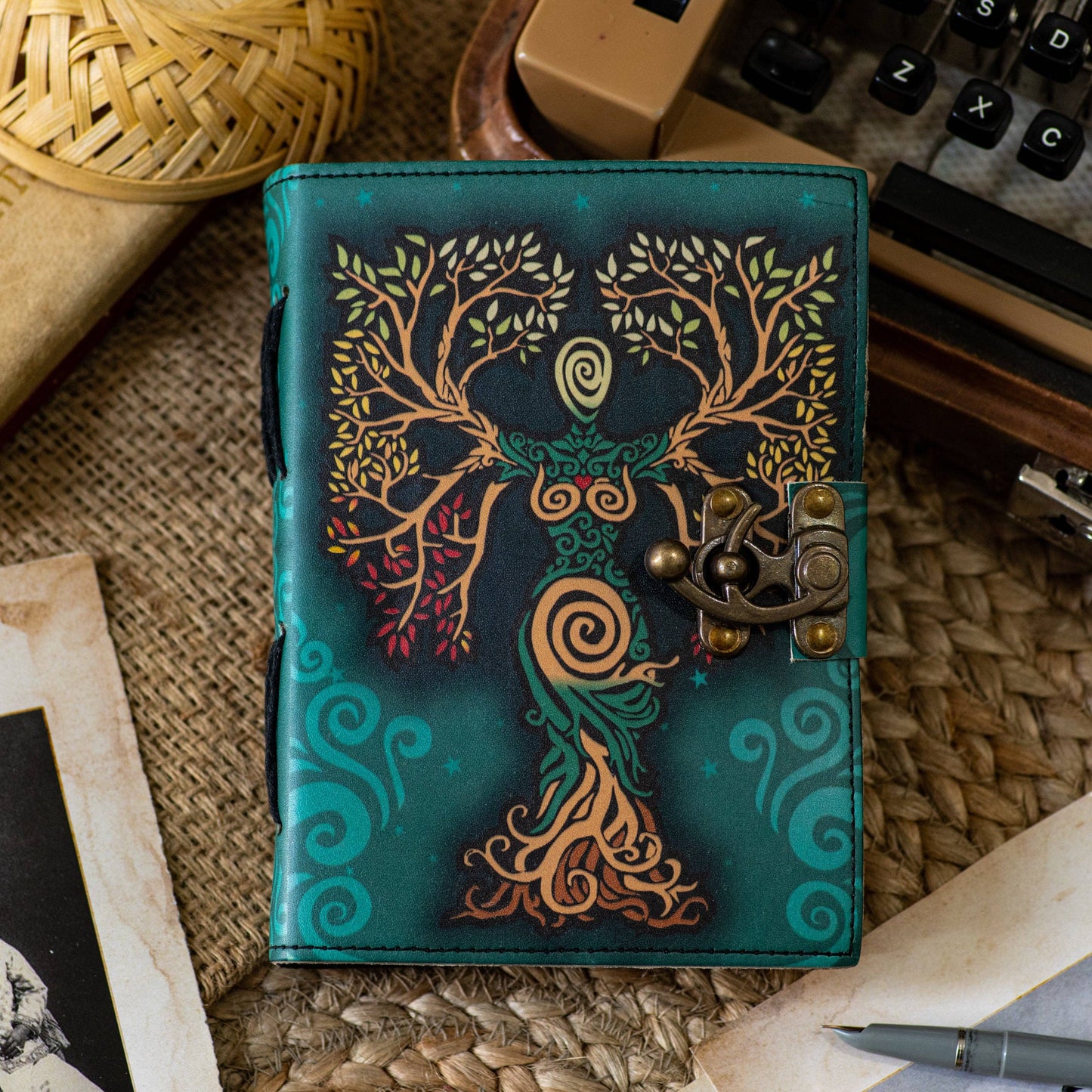 Vintage Leather Journal Diary with Mother of Earth Print