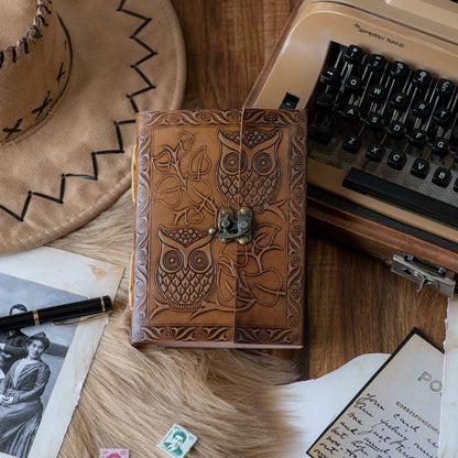 Owl Embossed Leather Journal with 200 Handmade pages