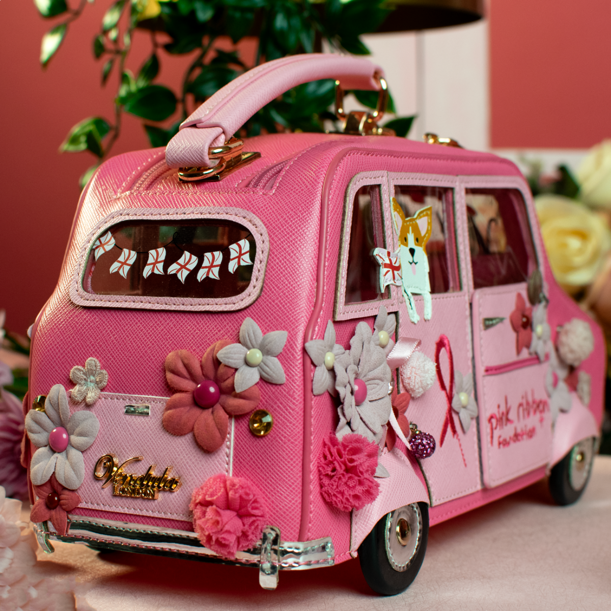 Vendula London -  Pink Ribbon London Cats & Corgis Floral Pink Taxi