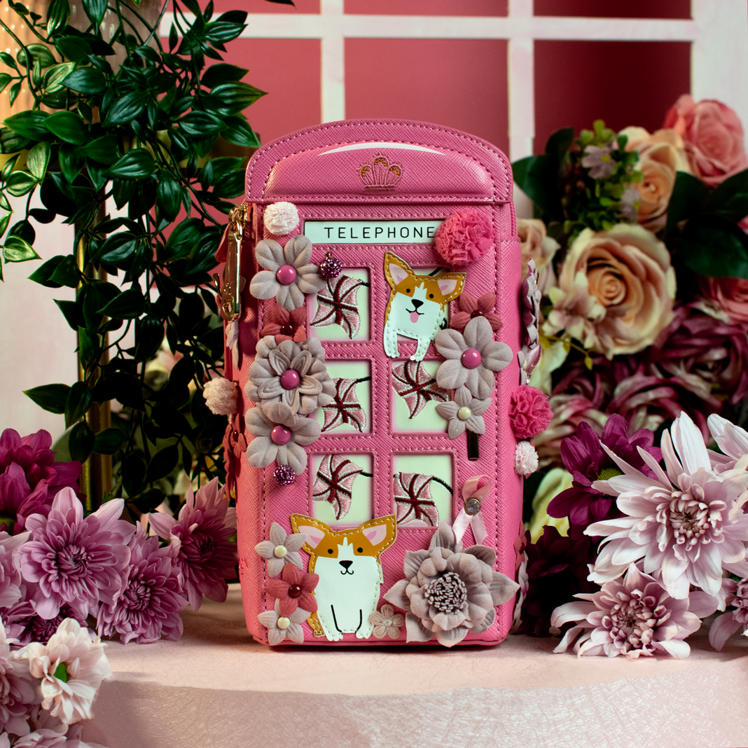 Vendula London - Pink Ribbon London Cats & Corgis Floral Pink Telephone Box