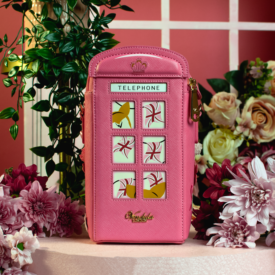 Vendula London - Pink Ribbon London Cats & Corgis Floral Pink Telephone Box