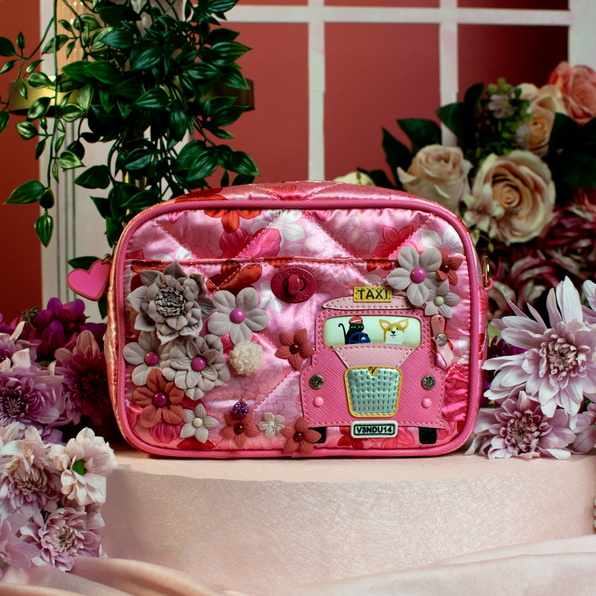 Vendula London - Pink Ribbon London Cats & Corgis Floral Camera Bag