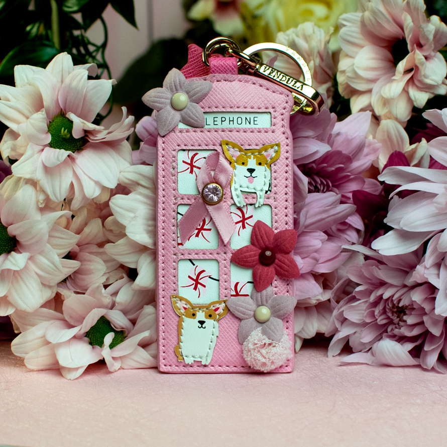 Vendula London - Pink Ribbon London Cats & Corgis Floral Pink Telephone Box Key Charm