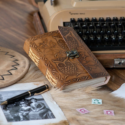 Owl Embossed Leather Journal with 200 Handmade pages