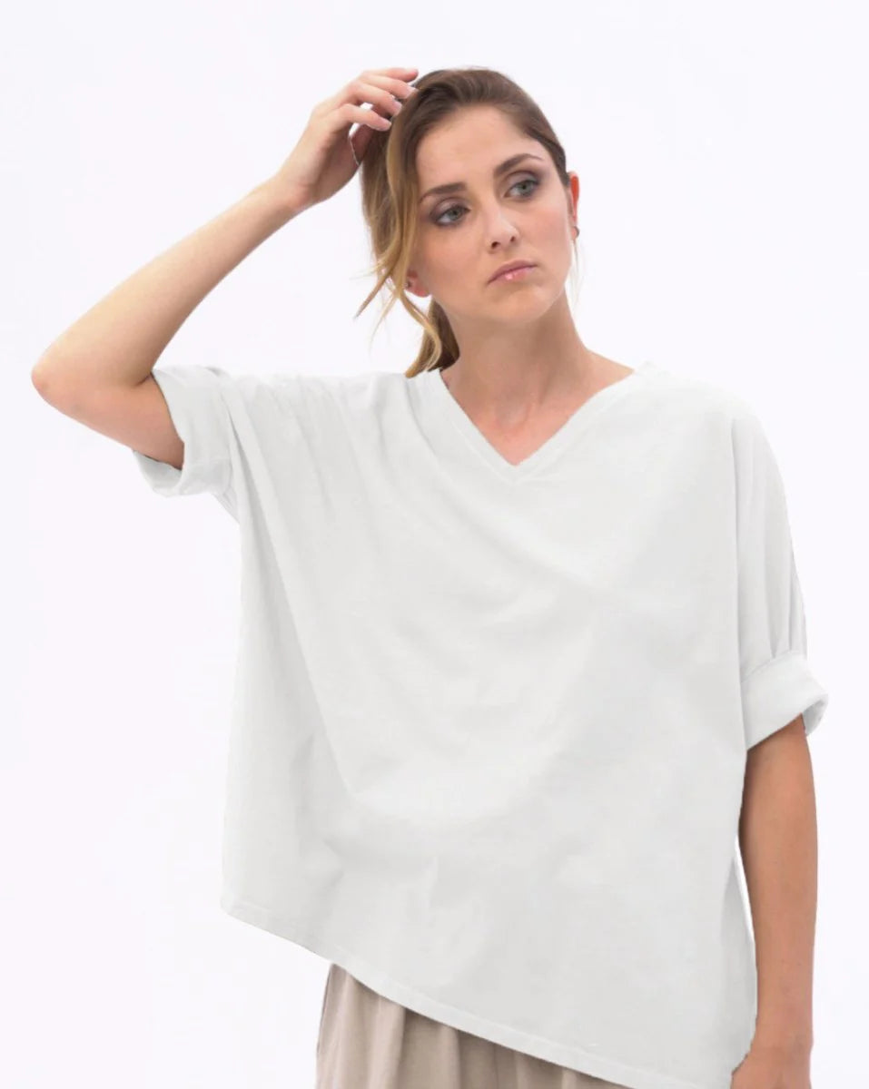 Baci - Organic Cotton V-Neck Cuffed Short Sleeve Top White | 600291